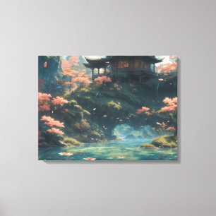 Chinese Palace on Blossom Flower Mountain Painting Canvas Print