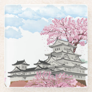 "Chinese Palace with Sakura Trees – Elegant Orient Glass Coaster