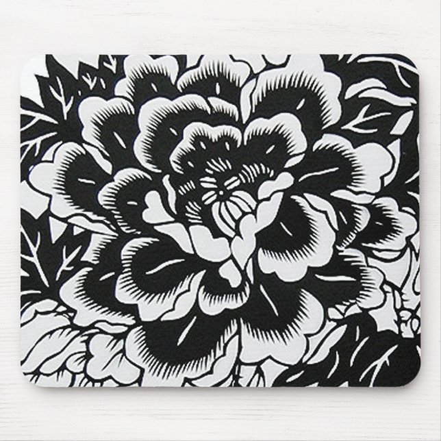 Chinese Paper-Cut Peony in Black Mouse Pad (Front)