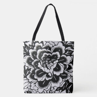 Chinese Paper-Cut Peony in Black Tote Bag