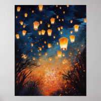 Chinese Paper Lanterns Landscape Art Print Poster