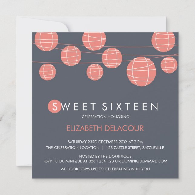 Chinese Paper Lanterns Sweet Sixteen Invitation (Front)