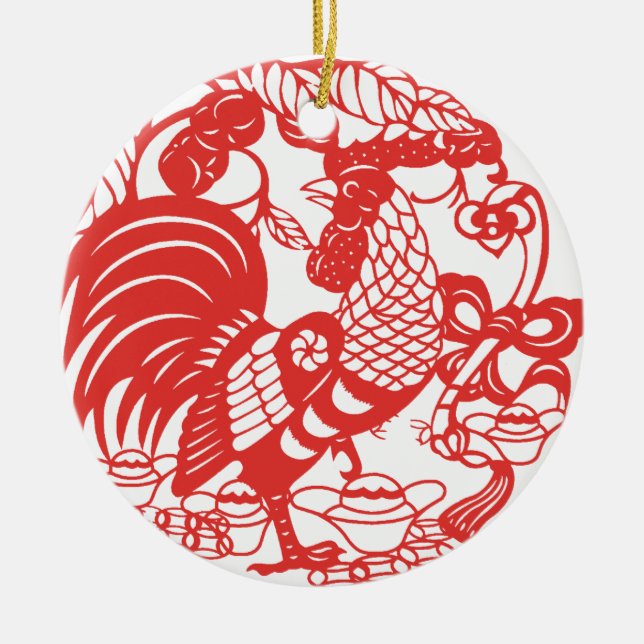 Chinese Papercut Rooster Year 2017 Ceramic Tree Decoration (Front)