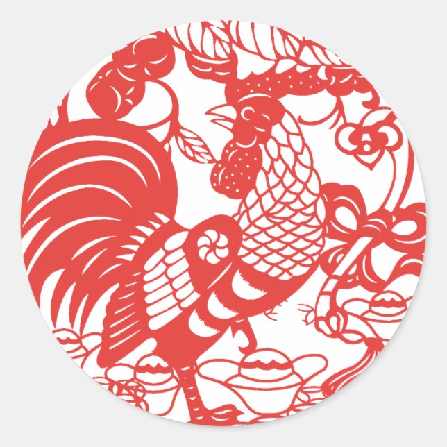 Chinese Papercut Rooster Year Zodiac Birthday RS Classic Round Sticker (Front)