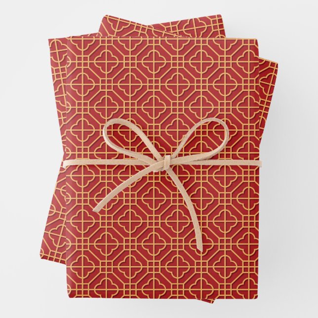 Chinese Pattern Red and Gold Wrapping Paper Sheet (In situ)