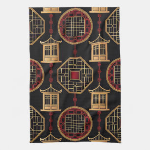 Chinese Pavilion Lattice Pattern Tea Towel