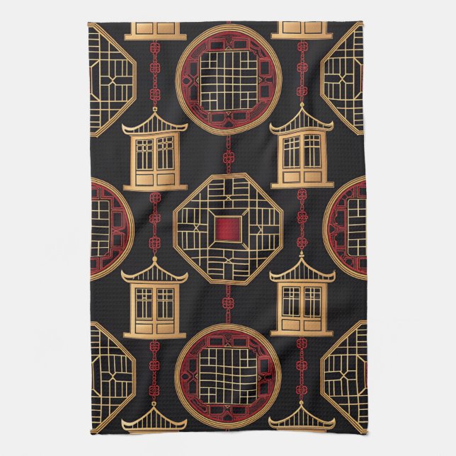 Chinese Pavilion Lattice Pattern Tea Towel (Vertical)