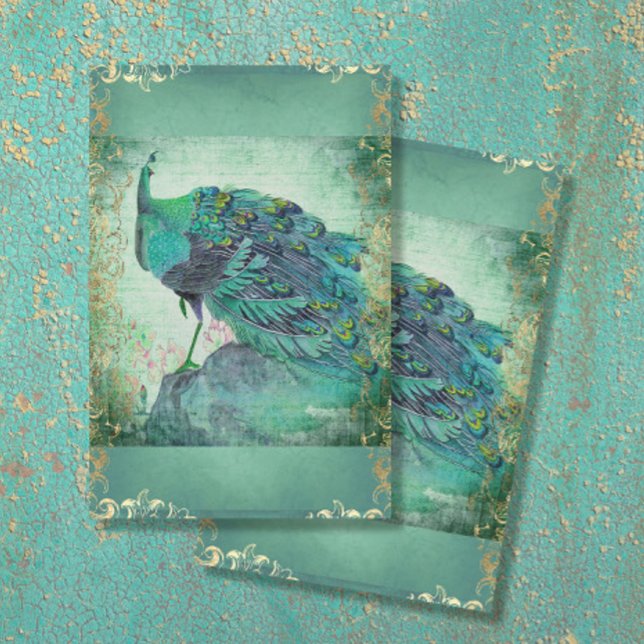 Chinese Peacock Feather Aqua Blue Gold Decoupage Tissue Paper (Creator Uploaded)