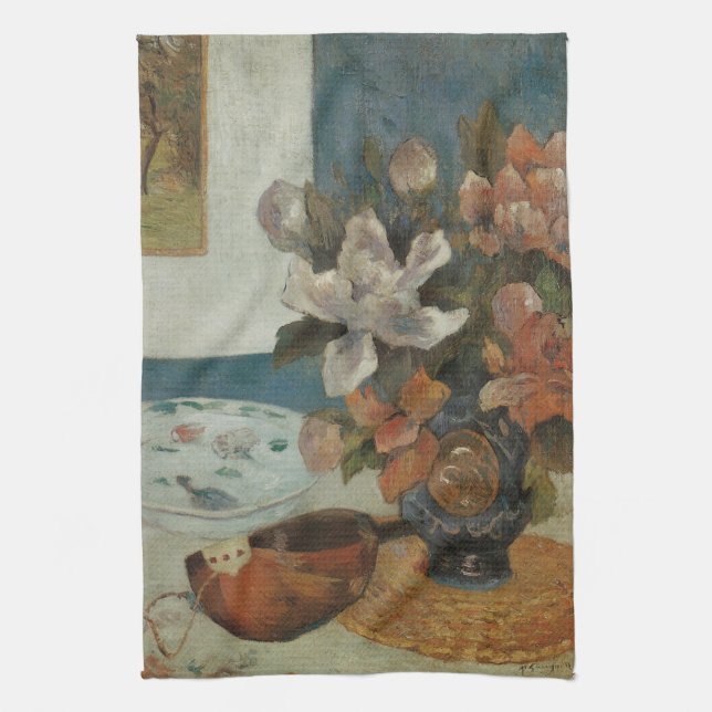 Chinese Peonies and Mandolin by Paul Gauguin Tea Towel (Vertical)