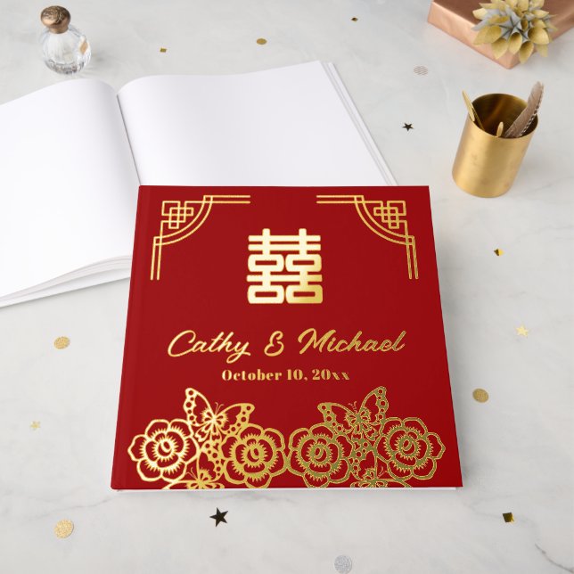 Chinese peony flower butterfly wedding papercut  guest book (Front Open)