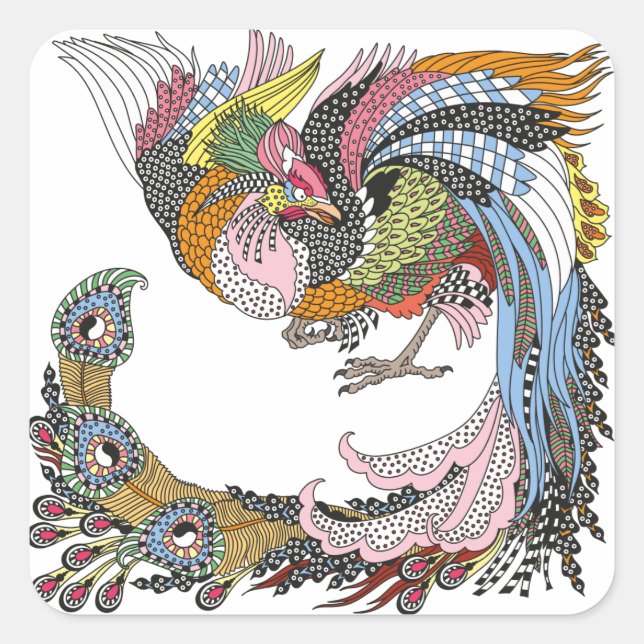Chinese phoenix or Feng Huang Square Sticker (Front)