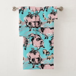 Chinese Pig Year Birthday Original drawing Blue BT Bath Towel Set