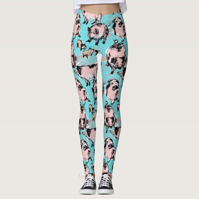 Chinese Pig Year Zodiac Original drawing Blue L Leggings (Front)