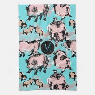 Chinese Pig Year Zodiac Original Monogram Blue K T Tea Towel