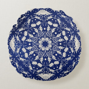 Chinese Porcelain: Blue Watercolor Floral Round Cushion