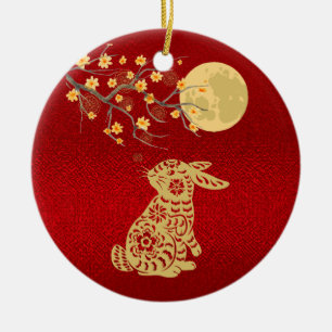 Chinese Rabbit Moon Red Foil Ceramic Tree Decoration