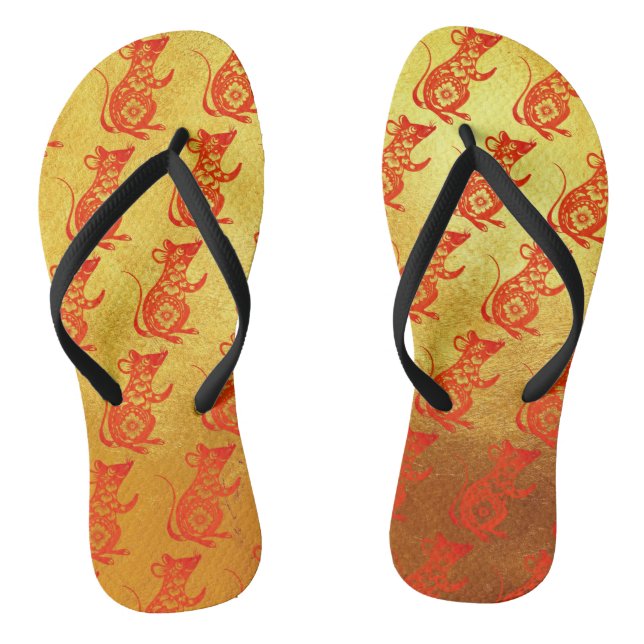 Chinese Rat Year Red Papercut Gold Women Flip Flop (Footbed)