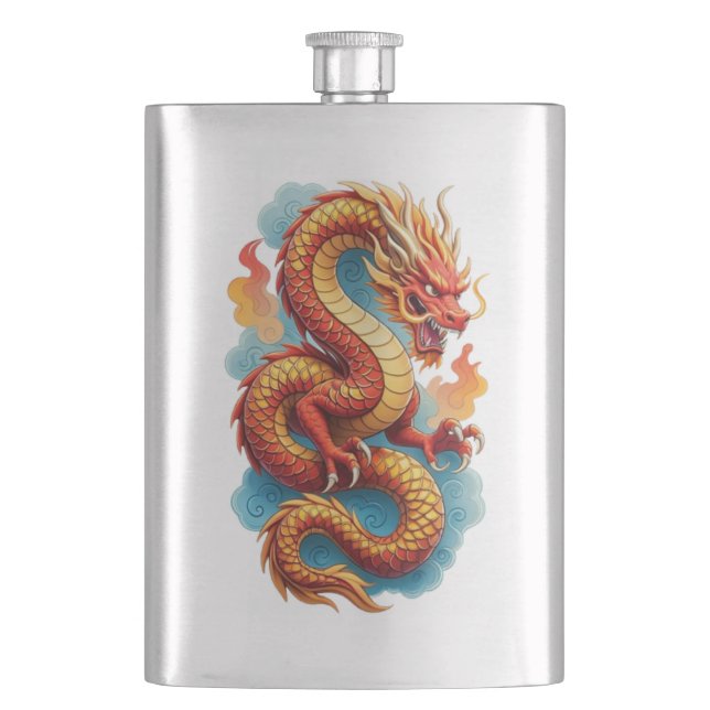 Chinese Red Dragon Fiery Illustration-67561 Hip Flask (Front)