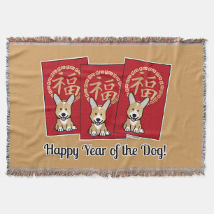 Chinese Red Envelope Lucky Corgi Year of the Dog Throw Blanket