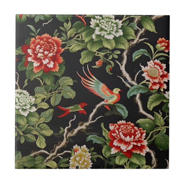 Chinese red green floral pattern tile (Front)