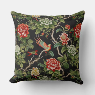 Chinese red green floral Throw Pillow