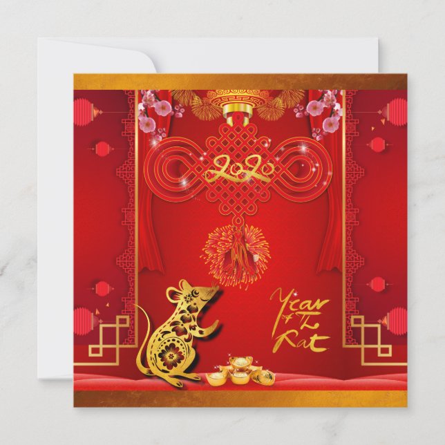 Chinese Red Knot Rat Year 2020 Party Square I Save The Date (Front)