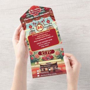 Chinese Red Lantern Floral Ancient Curtain Rose All In One Invitation