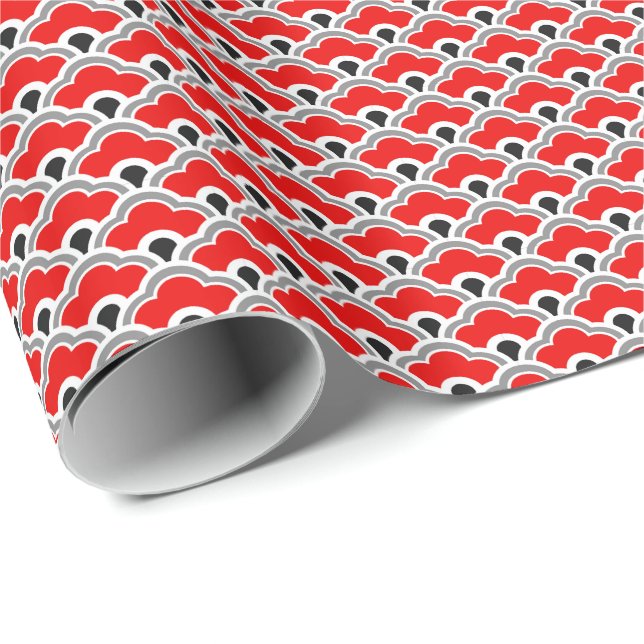 Chinese Scallops, Red, Grey, Black and White Wrapping Paper (Roll Corner)
