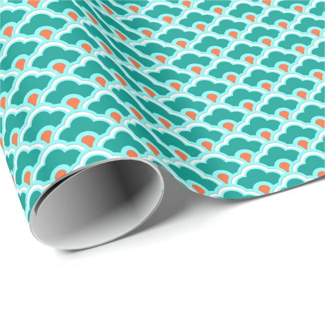 Chinese Scallops, Teal, Aqua and Coral Wrapping Pa Wrapping Paper (Roll Corner)