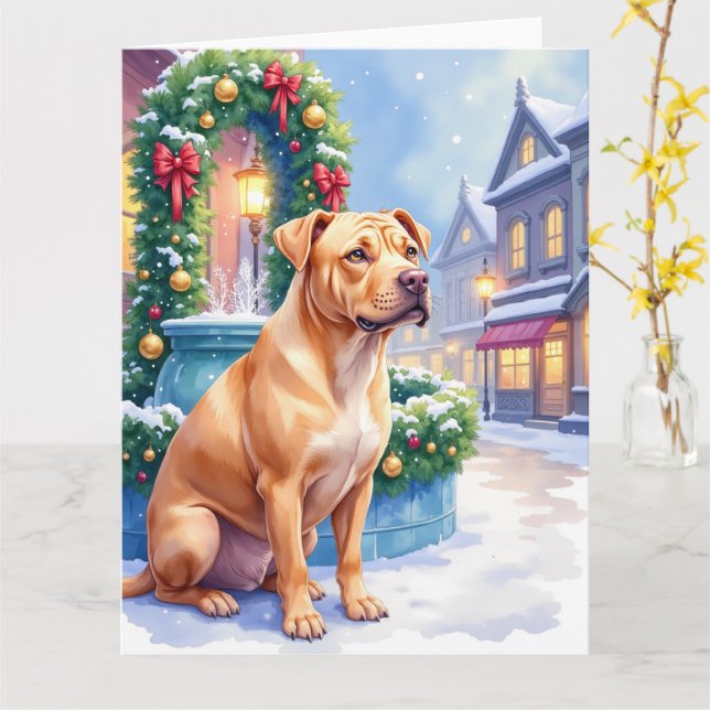 Chinese Shar-Pei Snowy Town Fountain Christmas Art Card (Yellow Flower)