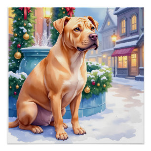 Chinese Shar-Pei Snowy Town Fountain Christmas Art Poster