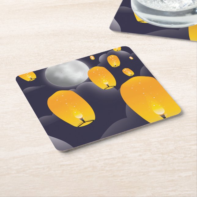 Chinese Sky Lanterns Square Paper Coaster (Angled)