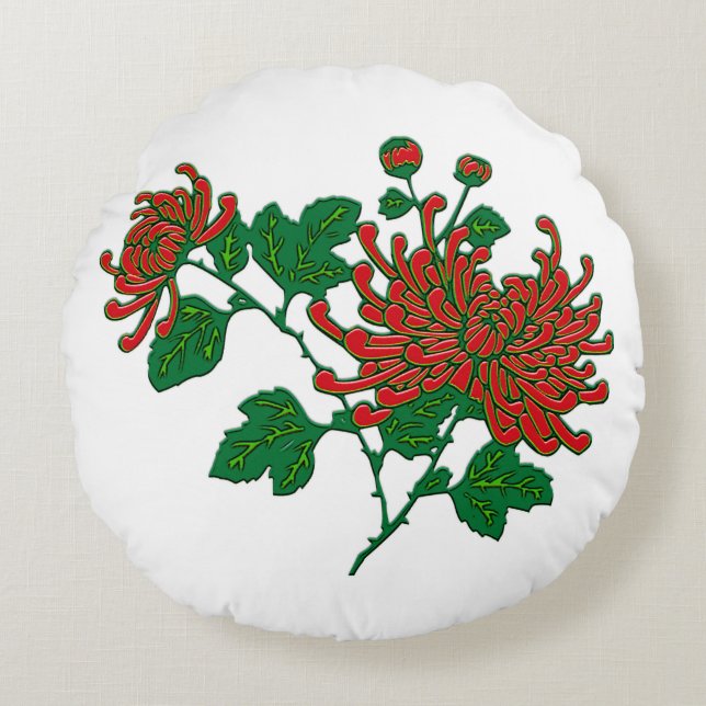Chinese spider chrysanthemums - deep Chinese red Round Cushion (Front)