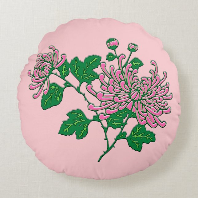 Chinese spider chrysanthemums  - soft pink round cushion (Front)