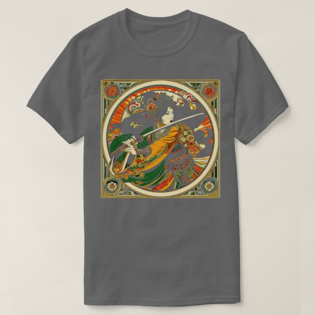 Chinese Swordswoman in a Mucha Art Nouveau Style T-Shirt (Design Front)