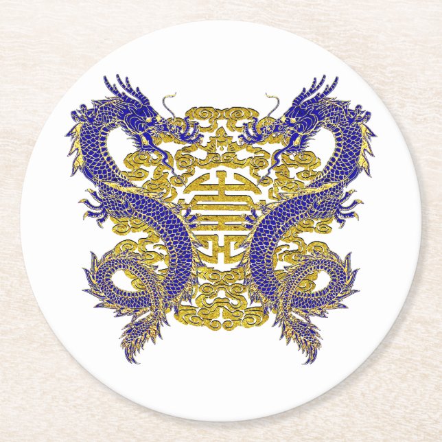 Chinese Symbol for Longevity and Dragons Round Paper Coaster (Front)