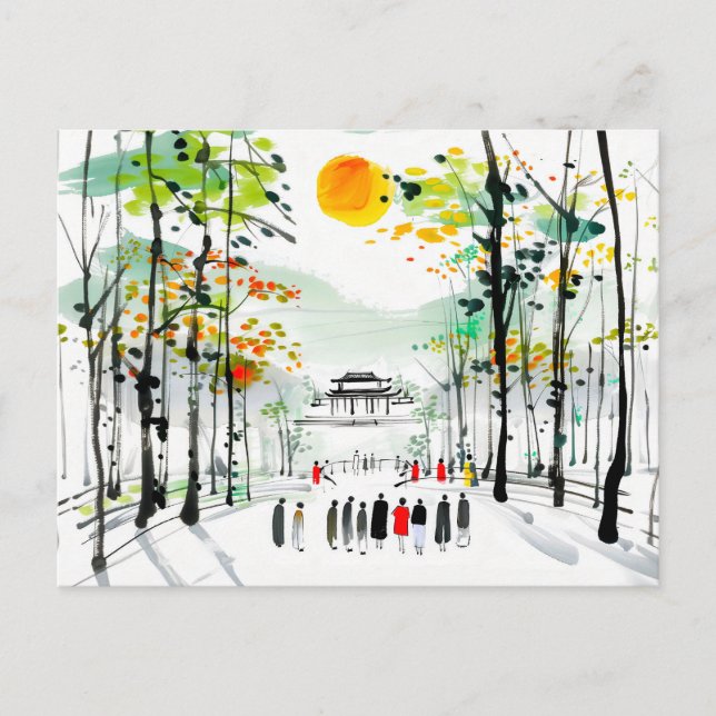 Chinese Temple Between Trees at Sunset Postcard (Front)