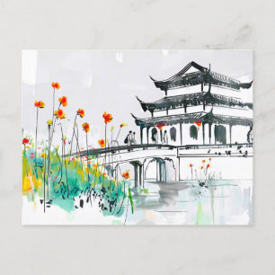 Chinese Temple by a Flowering Pond Postcard