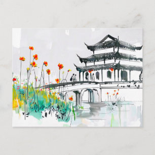 Chinese Temple by a Flowering Pond Postcard