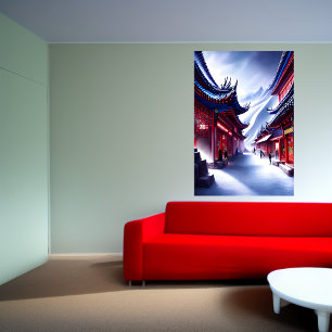 Chinese town in the snowy mountain AI Art Poster