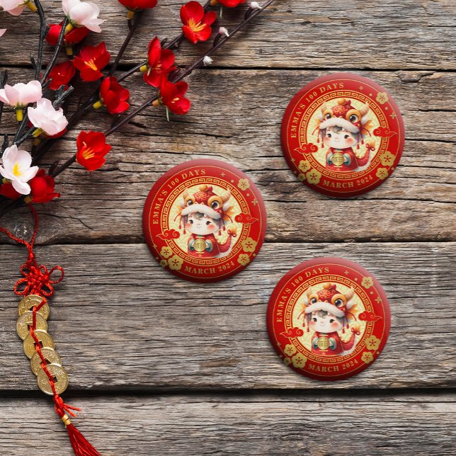 Chinese Traditional Baby 100 Days 百日  Magnet (Celebrate tradition with charm! Our round magnets feature vibrant 100 days motifs.)