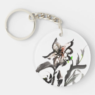 Chinese traditional ink painting flowers key ring