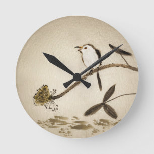 Chinese traditional ink painting with birds round clock