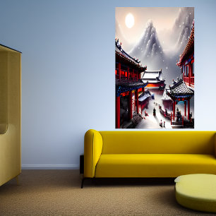 Chinese village the snowy mountain   AI Art  Poster