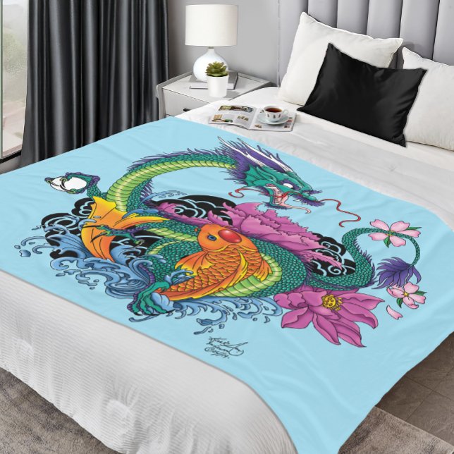 Chinese Water Dragon Koi Fish Fleece Blanket (Creator Uploaded)