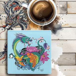 Chinese Water Dragon Koi Fish Glass Coaster