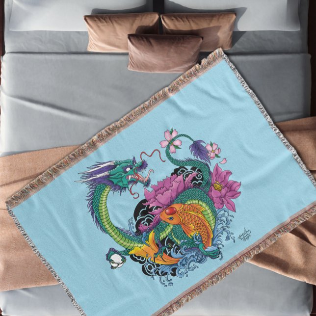 Chinese Water Dragon Koi Fish Throw Blanket (Creator Uploaded)
