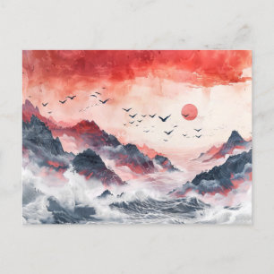 Chinese Watercolor Birds Soaring over Mountains Postcard