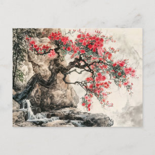 Chinese Watercolor Blossoming Tree in Mountains Postcard