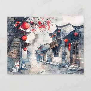 Chinese Watercolor Lantern-Lit Old Town Postcard